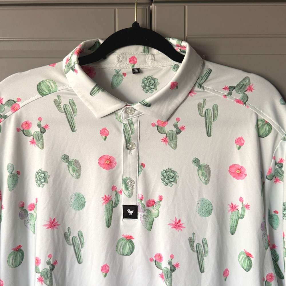 Bad Birdie Mens Cactus Print UV Performance Golf Polo, Green Pink, XL - Picture 2 of 14